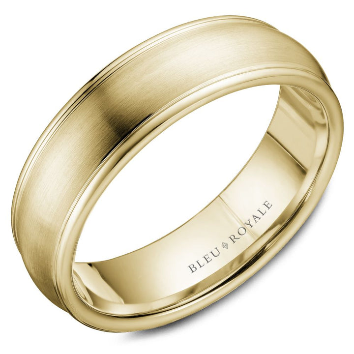 6.5mm 14K yellow gold with a brushed finish with polished edges.