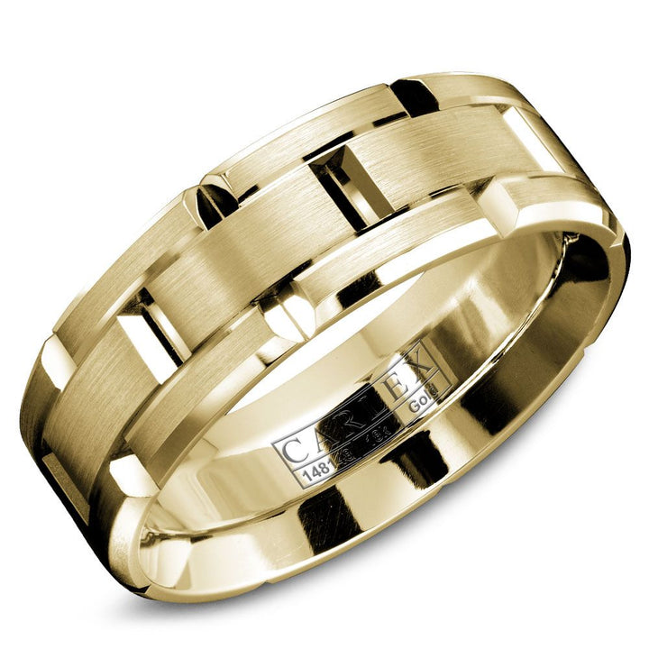 14K White Yellow Brushed and High Polish Carved Band
